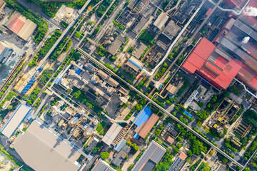 Vertical top view of steel plant structures and workshops