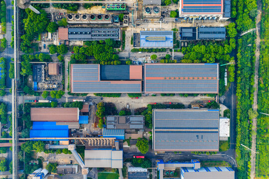Vertical top view of steel plant structures and workshops