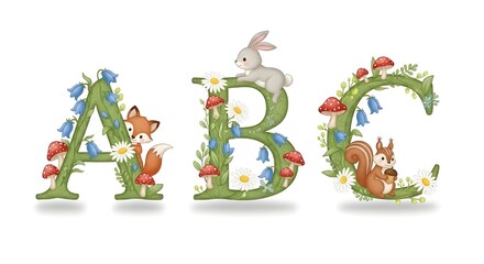 Fototapeta premium Whimsical Nature-Themed ABC Letters with Forest Animals and Foliage