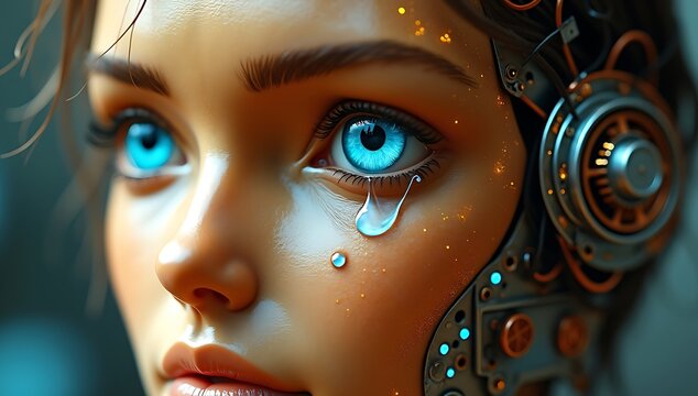 A robot face with half human skin and half metallic surface showing a tear, symbolizing emotion in artificial intelligence.
