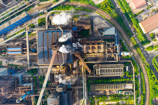 Vertical top view of steel plant structures and workshops