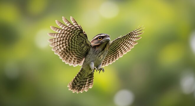 Tawny frogmouth bird in flight with wings spread against a blurred green background of foliage
