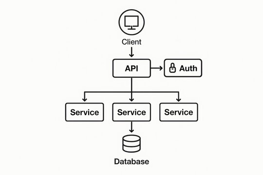 Backend System A diagram illustrating client-server architecture using API for authentication and service management.