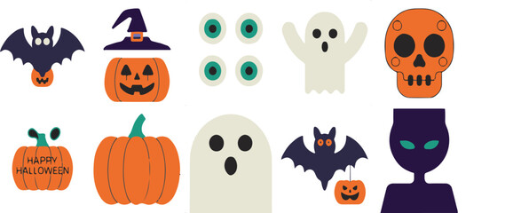 Fototapeta premium Halloween vector collection featuring spooky pumpkins ghosts bats skull and eyeballs for festive design projects