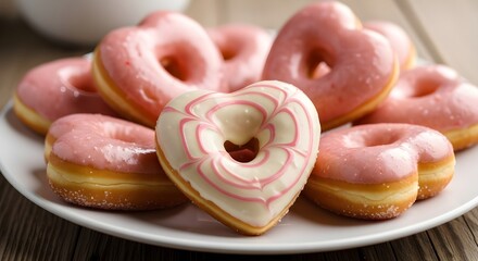 Heart Shaped Glazed Donuts on Wooden Table, Sweet Dessert Food Photography with Sugary Shine and Cozy Background
