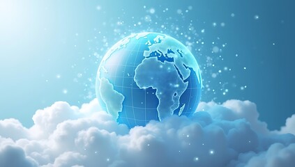 Obraz premium A globe made of interconnected digital dots floating in a cloud, symbolizing cloud computing and global data exchange. 