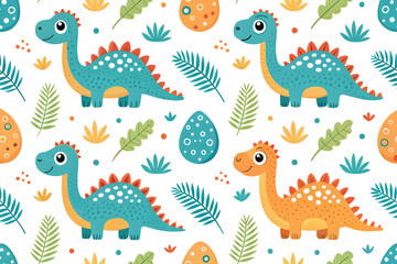 Seamless Pattern of Cute Cartoon Dinosaurs and Eggs