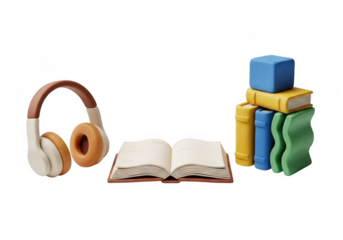 3d headphones open book and stacked books isolated on transparent background