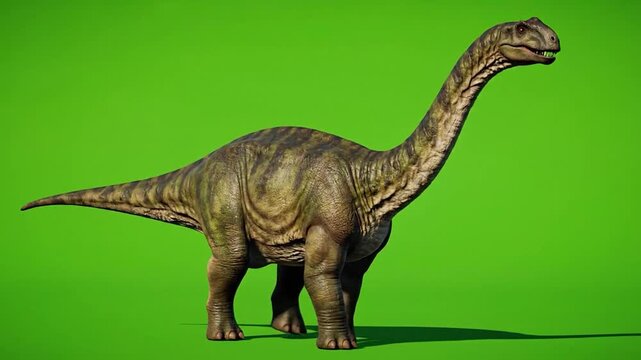 A detailed image showcasing a dinosaur with a long neck against a green background