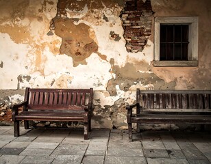 Two weathered wooden benches rest against a crumbling wall