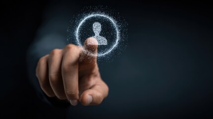 Human finger interacts with glowing digital icon representing user profile selection