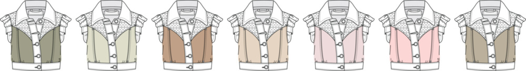 Elegant corset vest fashion flat technical illustration set with multiple color options for apparel collection mockups