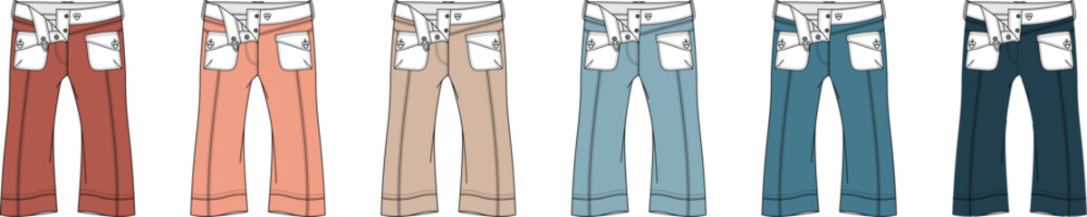 Concept illustrations of versatile women's casual pants in six modern colors, ideal for fashion design projects, apparel concepts, digital presentations, and creative style development