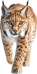 Close-up front view of a majestic wild bobcat walking forward