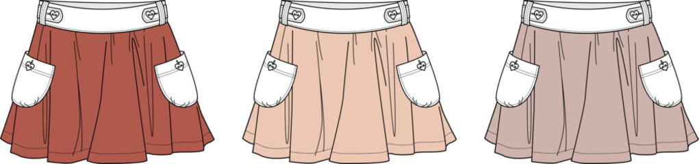 Technical flat sketches of a pleated mini-skirt, with front pockets and a contrasting waistband, shown in three warm, earthy colors for apparel design