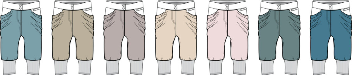 Collection of colorful casual cropped trousers with elastic waistbands and cuffs