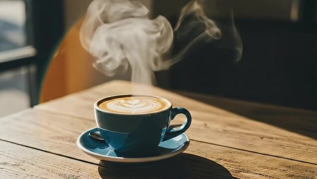 Steaming Latte Art Heart in Blue Cup on Rustic Wood Table, Morning Light