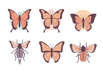 Six stylized illustrations of orange and purple insects primarily butterflies against a white background