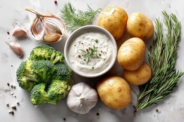 Overhead View of Freshly Prepared Vegetables and Dip Arrangement on White Marble Surface