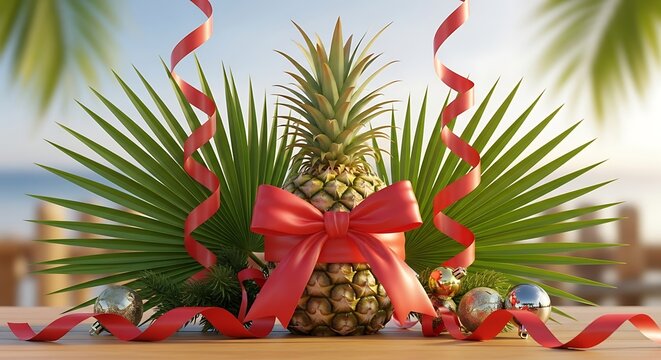 Pineapple Christmas Decoration with Red Ribbons