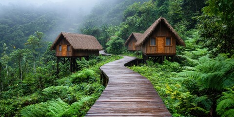 Sustainability environment policy concept. Wooden huts on stilts surrounded by lush greenery and a winding boardwalk in a misty forest setting.