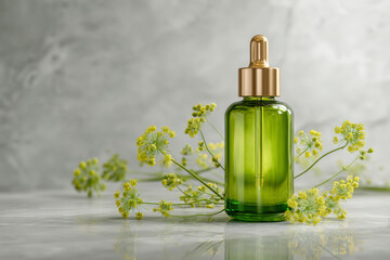 Green serum bottle with gold accents and delicate yellow flowers around base.