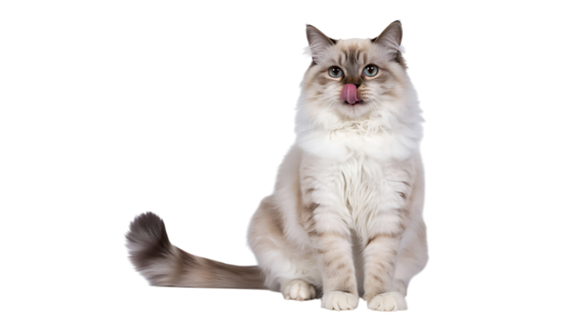 Ragdoll cat sitting regal elegance looking forward isolated on transparent background