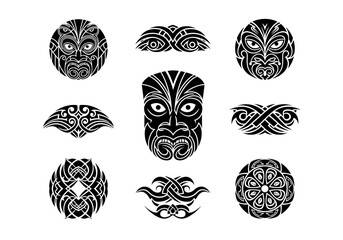 Black and white set of nine Māoriinspired tribal tattoo designs and masks