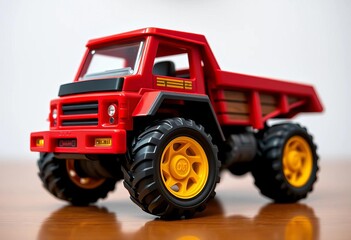 Obraz premium Durable red toy truck with yellow wheels, ready for play, non-toxic, yellow wheels