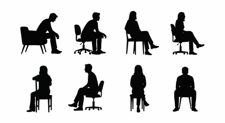 Collection of black silhouettes of people sitting on various chairs.