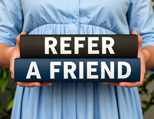 REFER A FRIEND. Referral marketing or affiliate marketing concept. Invite friends to refer a friend loyalty program to win online reward 