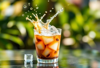 Iced coffee splashing into glass, ice cubes, summer vibe,  background,  delicious