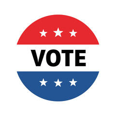 Vote election button, patriotic red, white, blue colors with stars, symbolizing democracy, civic duty, political participation, and general election in the usa.