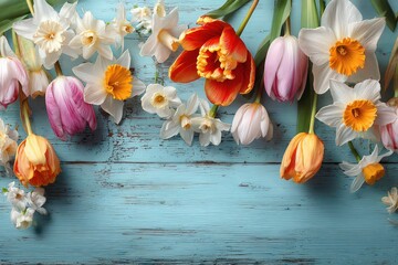 Spring Floral Arrangement Featuring White Daffodils Pink Tulips and Red Poppy on Textured Blue Wooden Background