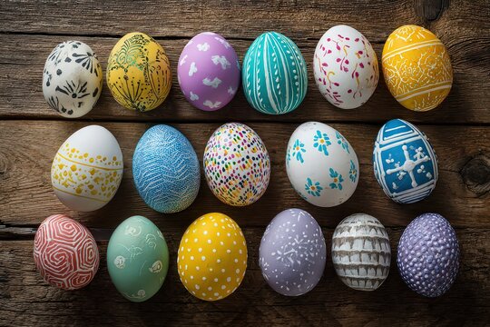 Colorful Decorated Easter Eggs Arranged on Rustic Wooden Surface Top View