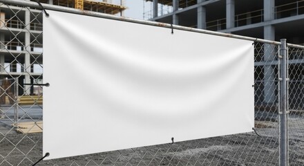 Empty white banner on metal fence at construction site background.