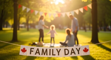 Happy family day banner with family having picnic in park at sunset