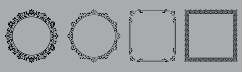 Set of decorative frames Elegant vector element for design in Eastern style, place for text. Floral black and gray borders. Lace illustration for invitations and greeting cards