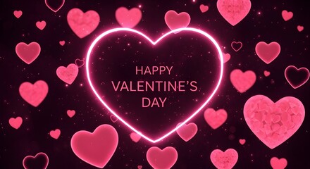 Happy valentines day with neon heart and pink hearts on dark background