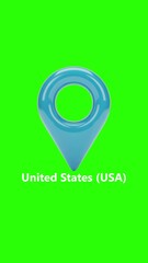 Blue location pin icon with United States text map marker