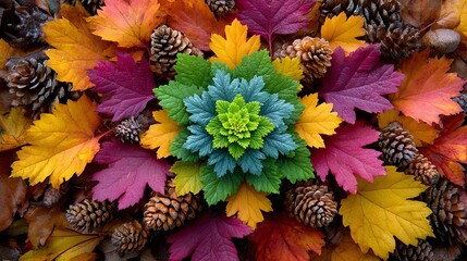 Colorful Fall Leaves and Pine Cones in Decorative Arrangement