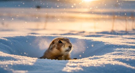 Prairie dog emerging from its burrow in the snow during golden hour light