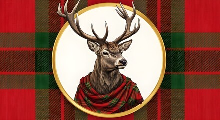 Illustration of a deer wearing a tartan shawl on a tartan background