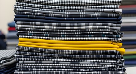 Stack of folded fabric with different patterns and colors in a shop