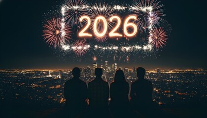 People watching 2026 new year fireworks over cityscape at night