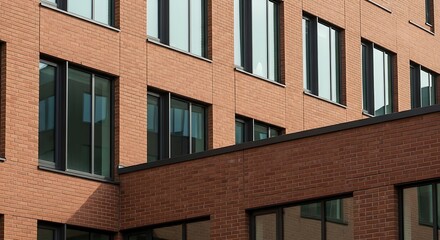 Obraz premium Modern Brick Building Facade with Reflective Windows and Architectural Details.