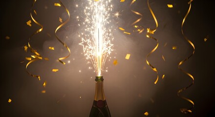 Champagne bottle with sparkler and golden confetti for a festive celebration