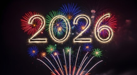 Bright fireworks display forming the year 2026 against a night sky