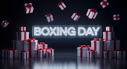 Festive boxing day concept with gift boxes and neon sign on dark background