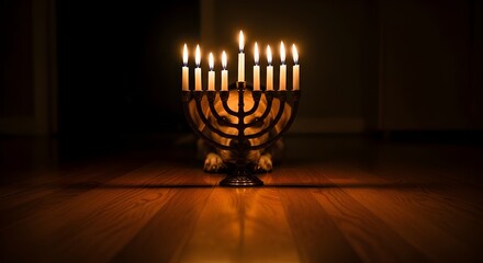 Hanukkah menorah with burning candles on wooden floor in dark background
